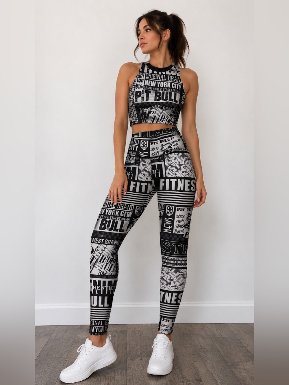Graphic Block Print High-Waist Leggings & Crop Tank Set - Black/White